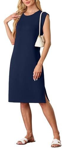 GRECERELLE Womens Summer Midi Dress 2025 Casual Crew Neck Shirt Dresses Elegant Wrinkle-Free Sleeveless Dresses for Women UK with Split and Pockets