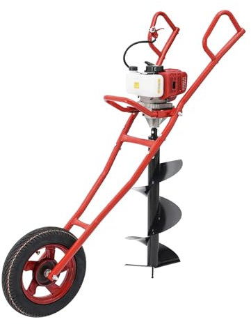 SuhoFutus Tarière à essence, 2 temps, à essence, avec système à 2 roues et tarière sans fin, pour fosses à fosses, agriculture, avec réservoir de carburant de 1 l, rouge