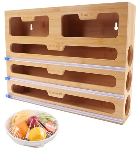 Bamboo Foil Dispenser with Cutter, 5-In-1 Foil Cutter, Aluminium Foil Dispenser and Freshness, Cling Film Cutter, Kitchen Organization for Aluminum Foil, Wax Paper, Parchment Paper