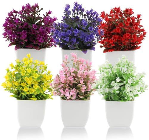SWoob 6 Pack Mini Fake Plants Artificial Plants Indoor with Plastic Plant Pots Decorative Artificial Flowers for Home Accessories（ White Pink Yellow Red Purple Lotus Color）
