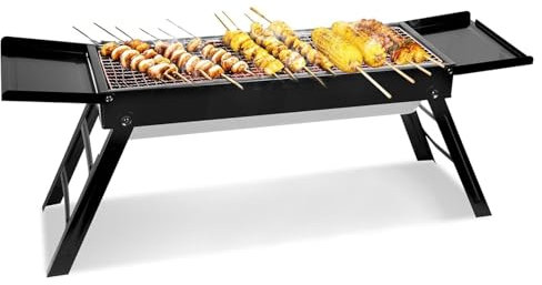Barbacoa de carbón plegable, parrilla de exterior con mesa lateral – Accesorios pequeños para camping, playa, pícnic, jardín