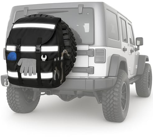 Sunnymove 1 Pack Spare Tire Trash Bag Offroad Spare Tire Storage Bags Heavy Duty Truck Tailgate Trash Large Recovery Gear Firewood Camping Cargo Storage Bag for Truck SUV Car, 3 Reflective Strips