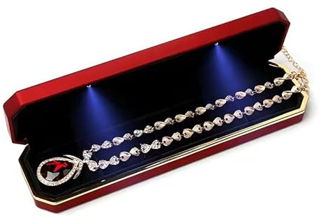 Boîte cadeau de luxe à longue chaîne avec lumière LED, boîte à bijoux en velours (rouge)