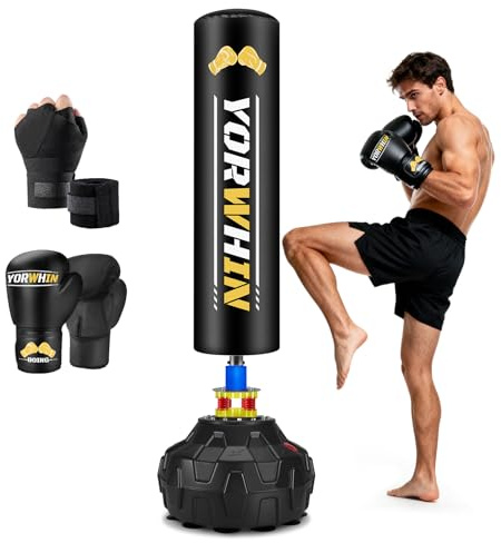 Standing Heavy Boxing Bag for Adult, Freestanding Punching Bag with 12OZ Pro Boxing Gloves and Wrapped Gloves, Boxing Bag with Suction Cup Base, Men Stand Kickboxing Bag for Home Office Gym Training