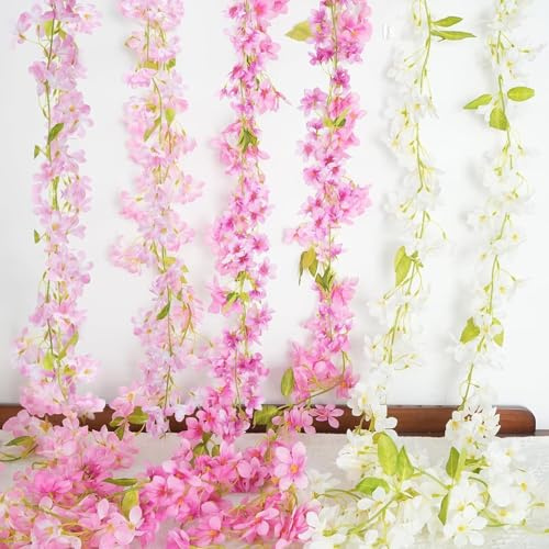 Minnhua 6PCS Blumengirlande Künstliche Kirschblüten Girlande 1,8m Blumengirlande Deko Kunstblumen Girlande Blumenranken Künstlich Hängend Blumen für Hochzeit Fahrrad Wand Balkon Garten Hause(3 Farben)