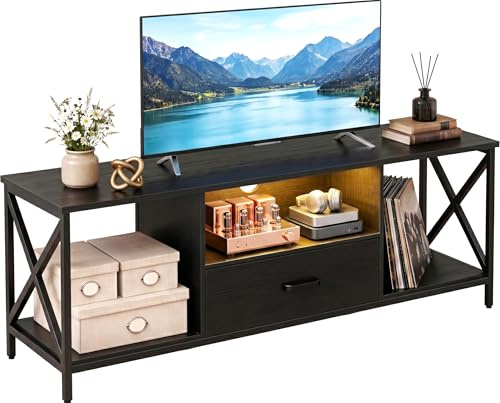 Blisswood TV Unit, 140cm LED TV Stand with RGB Lights for 55–65 Inch TVs, Wooden Media Console Entertainment Centre with Drawer & Shelves, Industrial Metal Frame Cabinet for Living Room Bedroom_Black