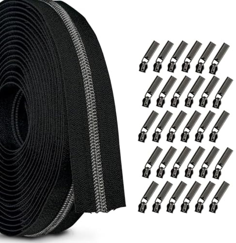 Dragkedja 10 m nylon ändlös dragkedja med dragkedja, 30 reglage | Nylon metall 6 mm bredd, kan skäras till, med 30 blixtlås och glidmedel, universellt användbar, för sängkläder klädväskor