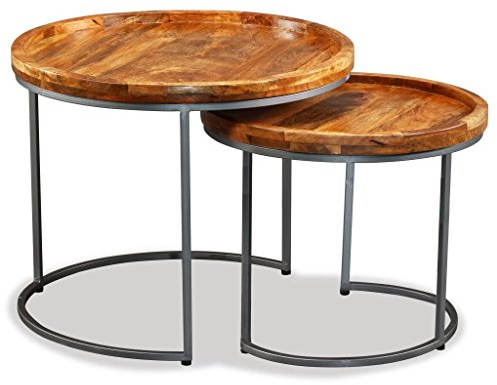 Tidyard Couchtisch Beistelltische aus Mangoholz & Metall - Satztisch aus Massiv Holz im 2 STK Set | Wohnzimmertisch aus Echtholz | Rund & Kompakt