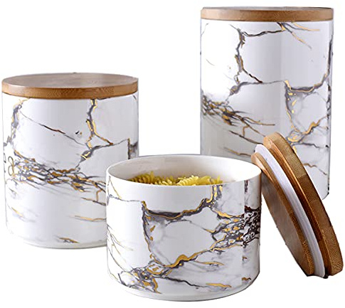 FLYFO 3 Pz Vaso in Ceramica Impostato, Cucina Conservazione Contenitori con Ermetico Coperchio di bambù, Stampa in Marmo Barattolo di spezie per tè Chicco di Caffe Zucchero Sale Bianca