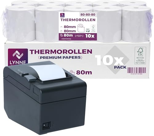 LYNNE - Rouleau Thermique 80x80x12 - Bobine 80x80 pour imprimante - Rouleau imprimante thermique 80mm x 80m x 12mm - Sans BPA - [10x]