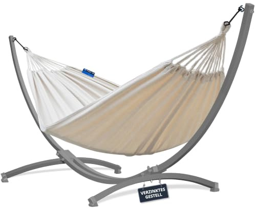 Potenza Outdoor Hängematte mit Verzinkter Gestell für 2 Personen I Baumwolle Doppelhängematte XXL 220x160, 200kg I Hängemattengestell 220kg, wetterfest (Ecru, Gestell Grau)
