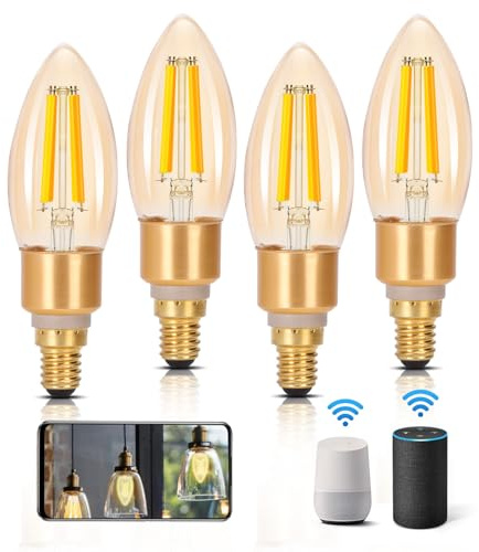 Aigostar Alexa Glühbirne E14 Edison Glühbirne 4.5W 470LM Dimmbare Retroglühbirnen C35 Smart Lampe Wlan Dimmbar 2700K-6500K App Steuern Kompatibel mit Alexa und Google Assistant. Bernstein 4 Stück