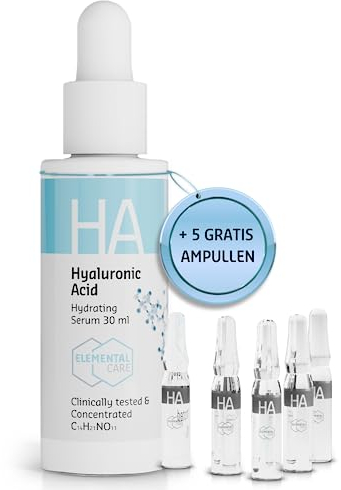 Elemental Care Skincare Kit Viso con Siero Acido Ialuronico alto dosaggio 30ml + Fiale 5x1,3ml - Idratazione pelle istantanea del +155% in 1 ora - Azione Anti età, Contorno Occhi Antirughe