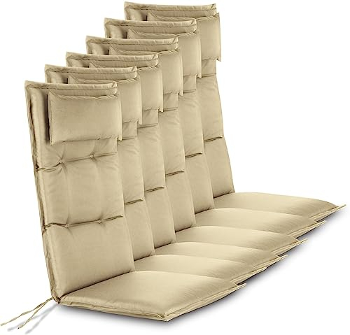normani 6er-Set Stuhlauflagen Sitzpolster Hochlehner mit Kissen 120x50 cm aus wasserdichtem und pflegeleichtem Outdoor Material - Gartenstuhlauflagen gepolstert für Draußen und Drinnen Farbe Beige