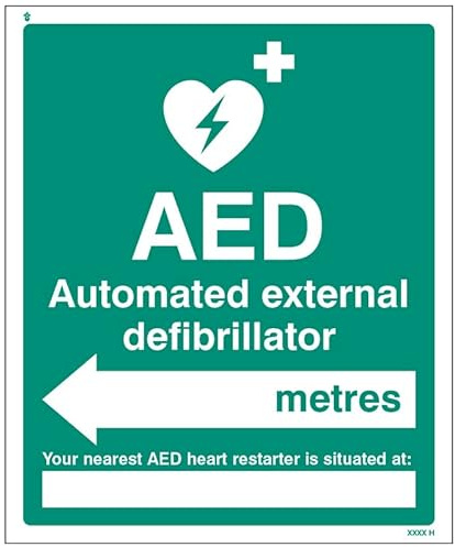 AED befindet sich in XXX-Metern – Pfeil links (selbstklebendes Vinyl-Sicherheitsetikett)
