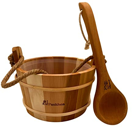 Pasithea Sauna-Eimer und Schöpflöffel aus kanadischem Zedernholz, handgefertigt, mit natürlichen Seilgriffen für Sauna, inkl. Kunststoffeinsatz für Eimer, für den Einsatz auf Sauna-Felsen