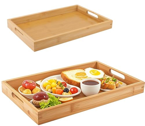 ZOENHOU 2 Pack Large Bamboo Tray with Handles, 41 x 29 x 4cm, 38 x 25 x 4cm, Rectangular Wooden Serving Tray, Breakfast Tray for Kitchen, Tea, Coffee, Parties, Restaurants
