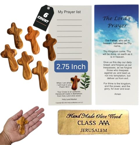 Medium Size 6 Pack Bethlehem Olive Wood Pocket Crosses - Genuine Bethlehem Holy Land Comfort Holding Crosses for Prayer & Anxiety Relief - Small 2.75 Inch Hand Crosses from the Holy Land for Christian Gifts, Baptism, Confirmation & Bereavement