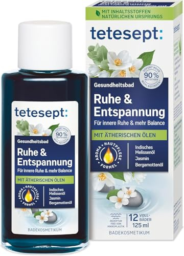 tetesept Ruhe & Entspannung Bad – Gesundheitsbad mit 5 ätherischen Ölen für innere Ruhe und mehr Balance – kosmetischer Badezusatz mit Hautpflege Formel – 1 x 125 ml
