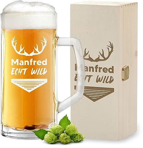 polar-effekt 2-TLG Set Bierkrug 0,5 L und Holzkiste zum Geburtstag und Jubiläum mit Gravur - Männergeschenk für Biertrinker - 1 Bierseidel aus Glas und Holzkiste - das Geburtstagsgeschenk