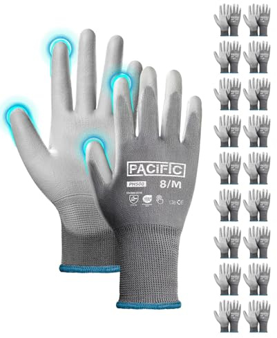 PACIFIC PPE 18 Pares Guantes de Trabajo para Hombre y Mujer, 8/M, Gris | Protección para Tareas Ligeras, Touchscreen, transpirables, Taller, Mantenimiento, Jardinería, Almacén, Mecánica