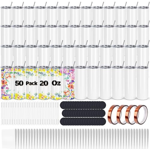 Maucircol Lot de 50 gobelets de sublimation en vrac de 591 ml en acier inoxydable avec couvercle et paille, emballage rétractable, papier de sublimation, emballé individuellement