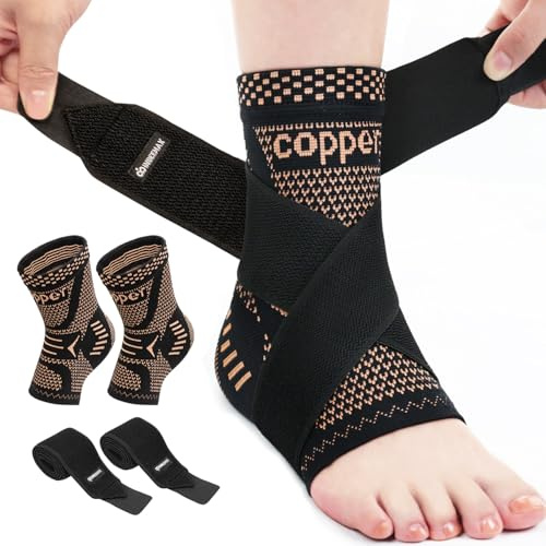 INDEEMAX Ankle Brace for Women & Men, Ankle Compression Sleeve Support Copper Infused Ankle Brace for Sprained Ankle, Plantar Fasciitis Sports, Achilles Tendonitis Pain Relief, Copper Black, S