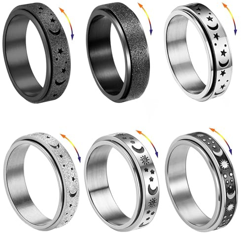 APMGONT 6 Stück Spinner Ring Damen Edelstahl Silber Ring Herren Damen Edelstahl Vintage Ringe Mond Stern Rollring Drehbarer Rings Partnerringe Trauringe für Frauen Männer