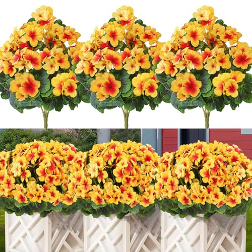 Kunstblumen wie Echt 44CM Künstliche Geranien Seidenblumen 3 Bündel Künstliche Blumen Balkonpflanzen Outdoor Wetterfest UV-beständig Fake Blumenstrauß Balkon Blumen für Indoor Garten Vase Tisch (Gelb)
