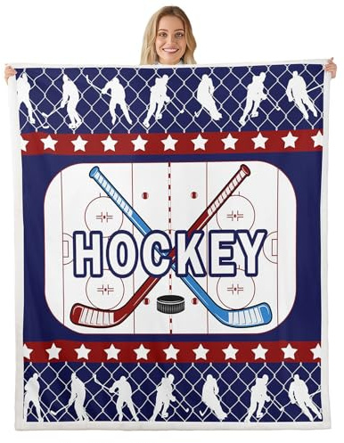 Erosebridal Navy Blue Hockey Blanket Throw for Kids Boys Girls,Ice Hockey Pucks Blankets Throws Sports Decor for Room,Ball Games Fleece Blanket Stars Blanket 90x90
