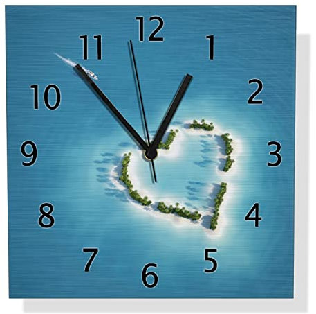 Wallario Design Wanduhr Insel mit Herz aus Aluverbund, Alu-Uhr Größe 30 x 30 cm, Schwarze Zeiger mit Metalloptik