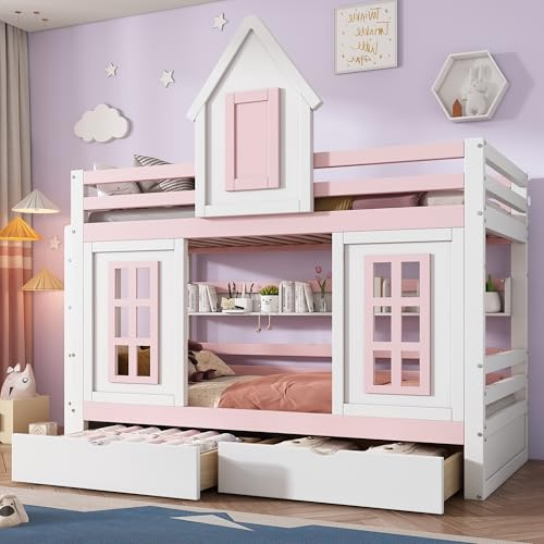 KUAKE Etagenbett 90x200cm, Prinzessinnenbett, Kinderbett mit Dach und Fenster, mit Fallschutzgitter, stabiles Geländer, Zwei Schubladen mit Rollen, Offenes Regal, Reichlich Stauraum, Weiß+Rosa