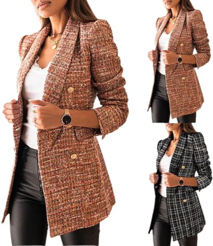 Damen Langarm Casual Blazer Arbeit Büro Knopf Open Front Jacke Reverskragen, Kariert Damen Offen Vorne Elegant Blazer Langarm Stehkragen Wärmen Long Tweed Anzug Jacke