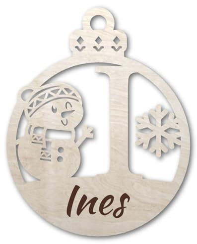 Urhome Weihnachtskugel personalisiert mit Wunschtext Gravur Buchstabe I mit Schneeman Motiv Hell Braun - Ornament Christbaumschmuck Weihnachtsdeko Weihnachtsbaum Anhänger aus 6,5mm Holz