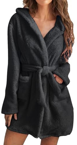 Damen Cozy Hooded Fleece Bademantel Weicher Kurzer Morgenmantel mit Taschen Leichte Einfarbig Schlafmantel Warm Plüsch Damen Bademantel Relaxed Fit Lounge Wear Essential Winter Robe, Schwarz , 5XL
