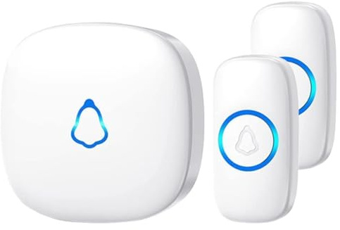 Timbre Inalámbrico Exterior Impermeable, Doorbell con 1 Receptores + 2 Botón a Pila, 58 Melodías, 5 Niveles Volumen 0–120 dB, Luz LED, 300 m Alcance, Campainha Sem Fios para Casa Apartamento, Blanco