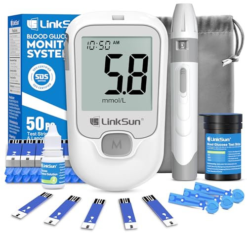 LinkSun G-425-1 Kit Medidor de Glucosa, Medidor de Azúcar en Sangre con 50 Tiras Reactivas, 50 Lancetas, 1 Glucometro, 1 Lanzador, 1 Solución de Control, Sin Codificación,mmol/L