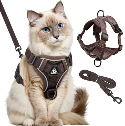 Katzengeschirr mit Leine Ausbruchsicher, Katzengeschirr mit Leine Set, Verstellbar Katze Brustgeschirr mit Reflektierend Streifen & Atmungsaktiv Netzgewebe, für Katzen Kätzchen Welpen (L)