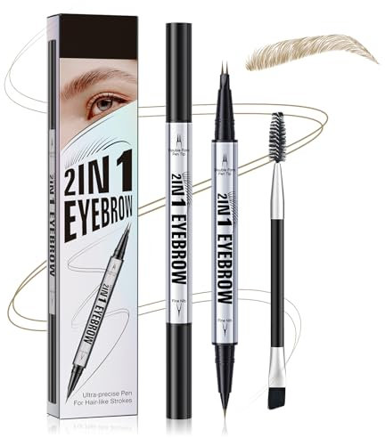 Lápiz de cejas de dos puntas, resistente al agua, con tinta de doble punta, líquido de larga duración, para mujer, Incluye pincel, Se puede usar como delineador (Marrón claro)