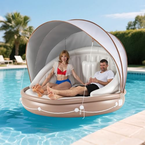 GOPLUS Lit Flottant Gonflable 2-3 Personnes avec Auvent,Ile Gonflable Flottuer Geant pour Piscine,Plage,Terrasse,Charge Max 180 KG,186X186 X 155 CM sans Souffleur (Rond)
