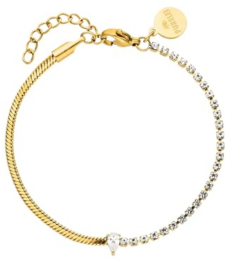 Purelei Fusion Armband – Zweigeteiltes Design mit Zirkonia-Tenniskette & Schlangenkette – Edelstahl vergoldet – Weißer Tropfenstein – Verstellbar 16–20 cm – Gold/Silber/Roségold (Gold)