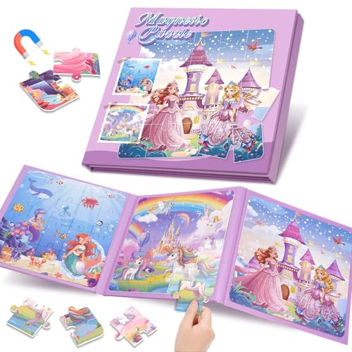 Geschenk Mädchen 4 5 6 7Jahre Geschenkideen, Puzzle ab 3-4-5-6 Jahre für Mädchen Kinder Reisespiele Spielzeug ab 3-8 Jahre Mädchen Einhorn Magnetspiel Beschäftigung für Kinder im Flugzeug Autofahrt