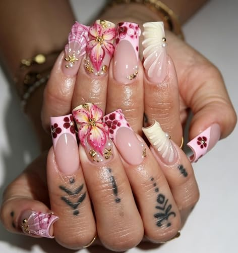 MouyouGlow Press on Nails Lang,Square Rosa French 3D Blumen Floral Seestern Shell Stripe Pearl Design Y2K Fake Nails mit Nagelkleber,Farbverlauf Flowers Sommer INS Long Künstliche Fingernägel-BL33