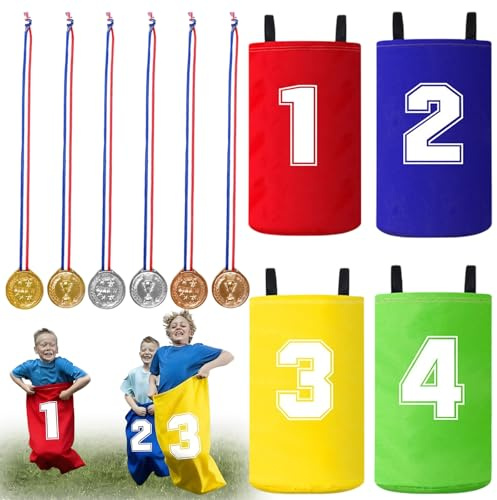 agogue 10 Stück Sackhüpfen Säcke Kinders Paket, Outdoor Spiele für Kinder Kindergeburtstag Spiele Outdoor Mit Sechs Medaillen, Dosenwerfen Kinder Outdoor Spieles Geeignet für Indoor Strand Garten