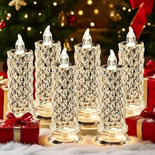 LexTex Juego De 4 Velas LED De Cristal Sin Llama, Con Forma De Rosa Y Forma De Pilar, Ideales Para Decorar Mesas De Navidad Y Bodas(Blanco,6PCS)