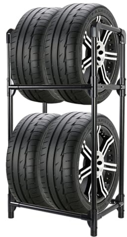 BAOYOUNI Supporto per 4 pneumatici o cerchioni, 2 livelli in acciaio, salvaspazio, per garage, cantina, officina, 57,2 x 37,3 x 114,6 cm, nero
