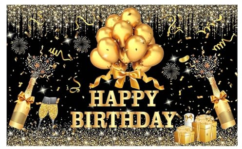 Ovanda Happy Birthday Banner, XXL Schwarzes Gold Party Banner Deko Geburtstag, Geburtstag Dekoration für Drinnen und Draußen, Personalisiert Großes Poster Hintergrund, Männer Mädchen Geburtstags Deko