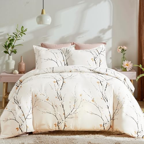 Freyamy Bettwäsche 220x240 Blumen Beige Blütenzweig Aesthetic BettwäscheSet | Mädchen Wendebettwäsche, 3teilig Bettwäsche-sets, Microfaser ÖKO-TEX Bettbezug mit Reißverschluss und 2 Kissenbezug 80x80cm