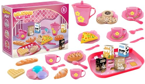 Teeservice Kinder, 33 Pcs Spielzeug Dessert Set, Rosa Spielgeschirr Teeparty Kinderküchen Rollenspiel Zubehör, Geschenk Für Junge Mädchen