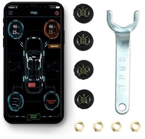 Tire Pressure Monitoring System with 4 External Sensors TPMS Real-time Display with Alarm Modes Bluetooth 5.0 Support iOS and Android, Coin Battary Included